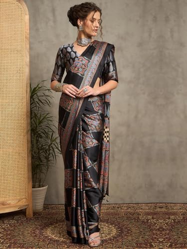 Image of AKHILAM Women's Pure Crepe Striped Printed Saree With Unstitched Blouse Piece