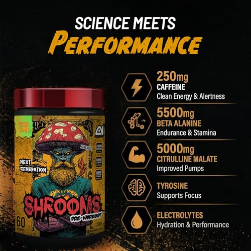 Image of Absolute Nutrition SHROOMS Pre Workout Powder (60 Servings, 500g) | with Beta Alanine, L-Citrulline DL-Malate 2:1, Cocoa Bean Extract & Bitter Orange | (Citrus Lime)