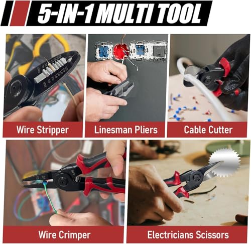 Image of 5-in-1 All Purpose Plier Tool Kit with 5 Interchangeable Heads & Storage Box | 8-Inch Multifunction Wire Stripper, Cable Cutter, Crimping Tool & Scissor Pliers for Electricians, Repair