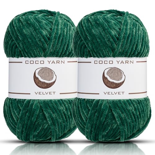 2 Pack Velvet Yarn for Crocheting – CocoYarn - Chenille Chunky Yarn for Hand Knitting, Fluffy Soft Plush Amigurum Bulky Baby Blanket Yarn for Crochet 100g (Green-60)