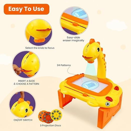 Image of Braintastic Giraffe Design Drawing Projector Table, Battery Operated, 3 Discs with 24 Patterns, Multicolor, for Kids