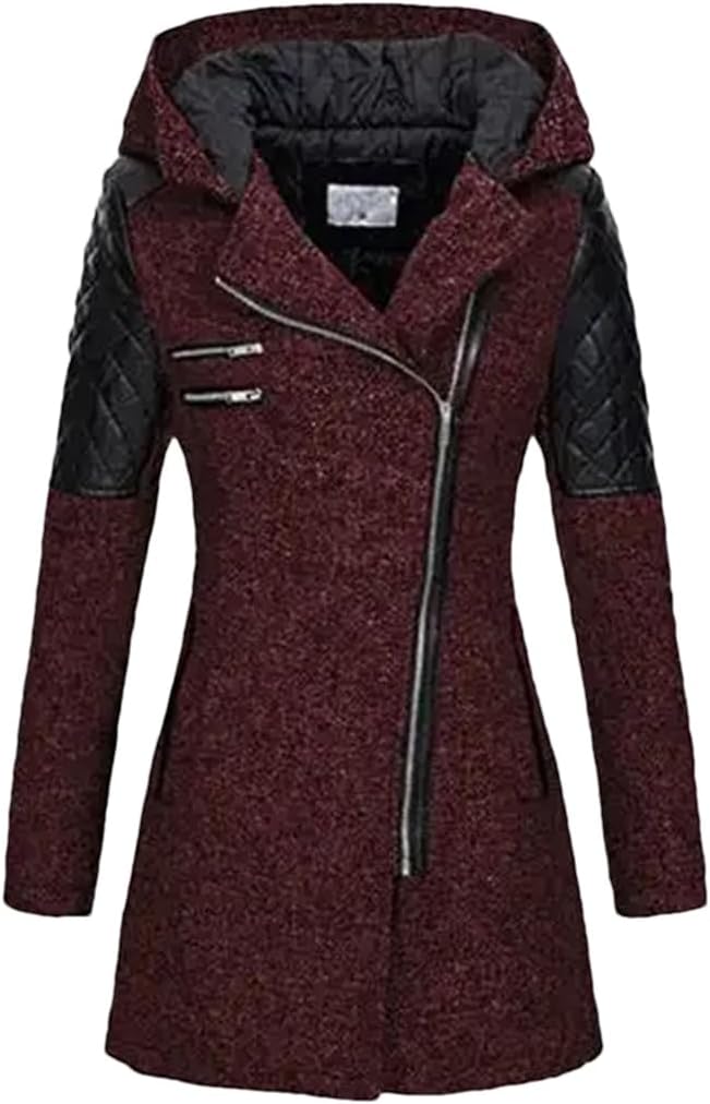 Women Hooded Insulated Parka Winter Warm Slim Jacket Thick Splice Woolen Cloth Coat
