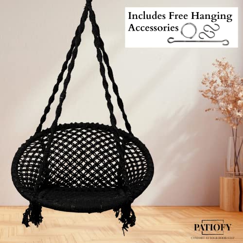 Image of Patiofy Swing for Adults - Wooden Jhula for Living Room, Balcony, Home - Large Cotton Round Hammock Hanging Chair (Black)
