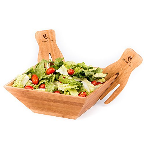 Wood Salad Bowl Set With Bamboo Servers, Best For Serving Salad, Pasta, and Fruit. Beautiful Bowl Looks Great On Your Kitchen Counter. Safe & Eco-Friendly, By Midori Way