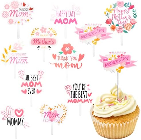 12 Pcs Happy Mother's Day Cake Toppers Love You Mom PVC Cupcake Picks Decorations for Mother's Day Mom's Birthday Party Suppliers