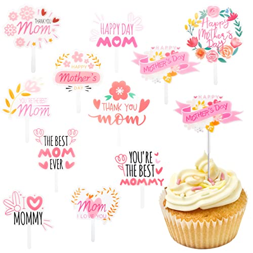 12 Pcs Happy Mother's Day Cake Toppers Love You Mom Pvc Cupcake Picks Decorations For Mother's Day Mom's Birthday Party Suppliers #TOP2
