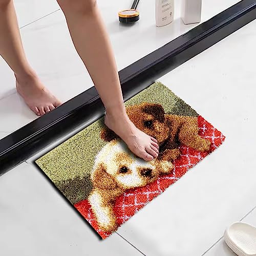 Image of Latch Hook Kits for Adults, Pre-Printed Handmade Rug Crochet Yarns DIY Door Mat Kits for Home Decor Festival Gift 19.6''X11.8'' (Two Puppies)