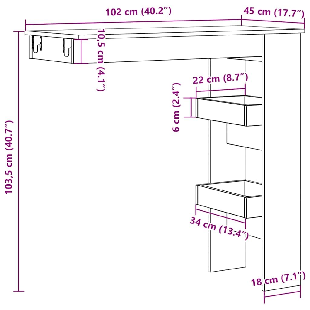 Stół barowy o wyglądzie starego drewna, materiał drewnopochodny, 102 x 45 x 103,5 cm, z 2 schowkami, stabilny stół kuchenny, idealny jako stół do jadalni, salonu, jadalni, na chwile