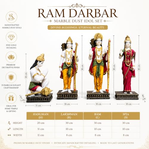 Image of ARMONIA Ram Darbar with Ram, Laxman, Sita & Hanuman Murti Idol Statue for Home Decor Temple | Marble Dust Finish- Multicolour - 30 cm | Best Gift for Wedding & Housewarming (Inside 1 Microfiber Cloth)