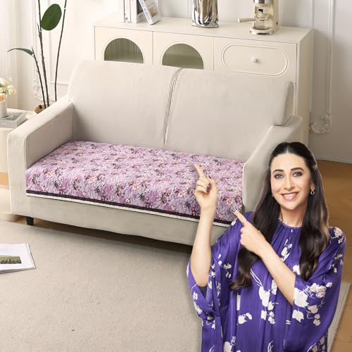 Image of HOKIPO 'Florentina Series' Foam Filled Premium Holland Velvet Sofa Cover Mat for 2 Seater Sofa with Anti-Slip Backing, Peony Lavender (IN-879-V6)