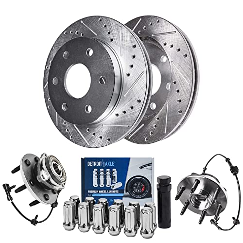 Image of Detroit Axle - 4WD Front Brake Kit for GMC Sierra Savana Chevy Express | Silverado 1500 Tahoe Escalade Drilled Brake Rotors Wheel Bearing Hubs Wheel Lug Nuts Socket Key Replacement 12 inch inch Rotor
