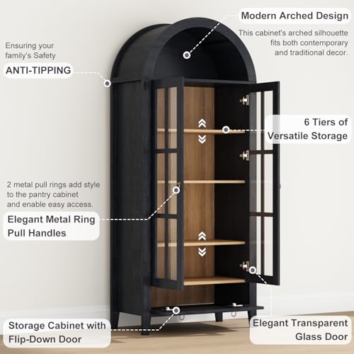 Image of 70 inch Tall Arched Cabinet, Modern Farmhouse Wooden Display Cabinet with Glass Doors, 6 Tier Bookshelf with Adjustable Shelves for Living Room, Office, Black