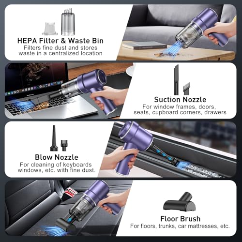 Image of KMM Handheld Car Vacuum Cleaner, 9000PA Vacuum Cleaner & Air Duster, 120W High Power Vacuum Portable Cordless, Hand Held Vacuum Rechargeable with Multi-Nozzles & LED Light for Home, Car, Office