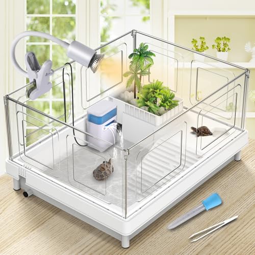 POBOMVOM Small Turtle Tank Starter Kit with Filter and Light, Acrylic Turtle Aquarium with Platform, Bottom Drain for Small Reptiles (16.1' x 12.6' x 8.6')