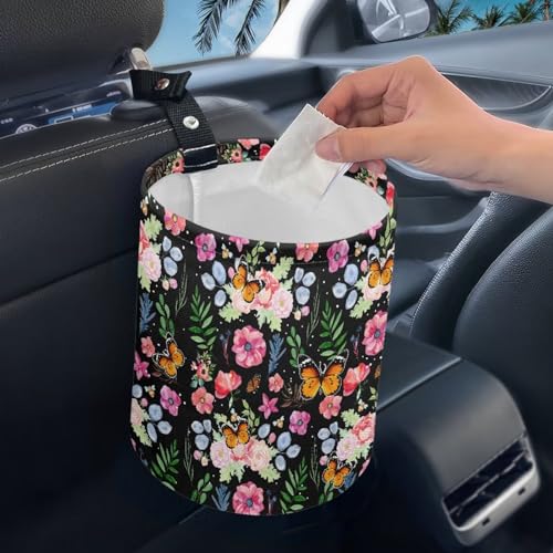 Image of Butterfly Floral Car Trash Can, Cute Portable Collapsible Waterproof Trash Bag for Cars