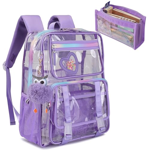 HANXIUCAO Clear Backpack, Clear Bookbag with Pencil Bag Heavy Duty See Through Bag for Primary Students Teenagers College Work Festival Travel (Clear Bag Purple)
