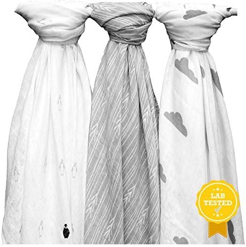 Breathable Muslin Baby Swaddle Blankets, Penguins + Arrows + Clouds, Unisex 3-Pack Gauze Blankets, White & Grey Designs, 47โx47โ Soft Bamboo Viscose + Cotton, The Timeless Newborn Gift by Yelo Pomelo