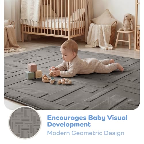 Image of Baby Play Mat for Floor, 1.3 inch Thick 79x158 Plush Soft Foam Mats for Toddler Kids Crawling, Non-Slip Easy Care Nursery Rug for Playroom Living Room, Light Grey