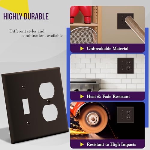 Image of ENERLITES Combination Toggle Light Switch /Duplex Receptacle Outlet Wall Plate, Standard Size 2-Gang 4.50 inch x 4.57 inch, Polycarbonate Thermoplastic, 881121-BR, Brown