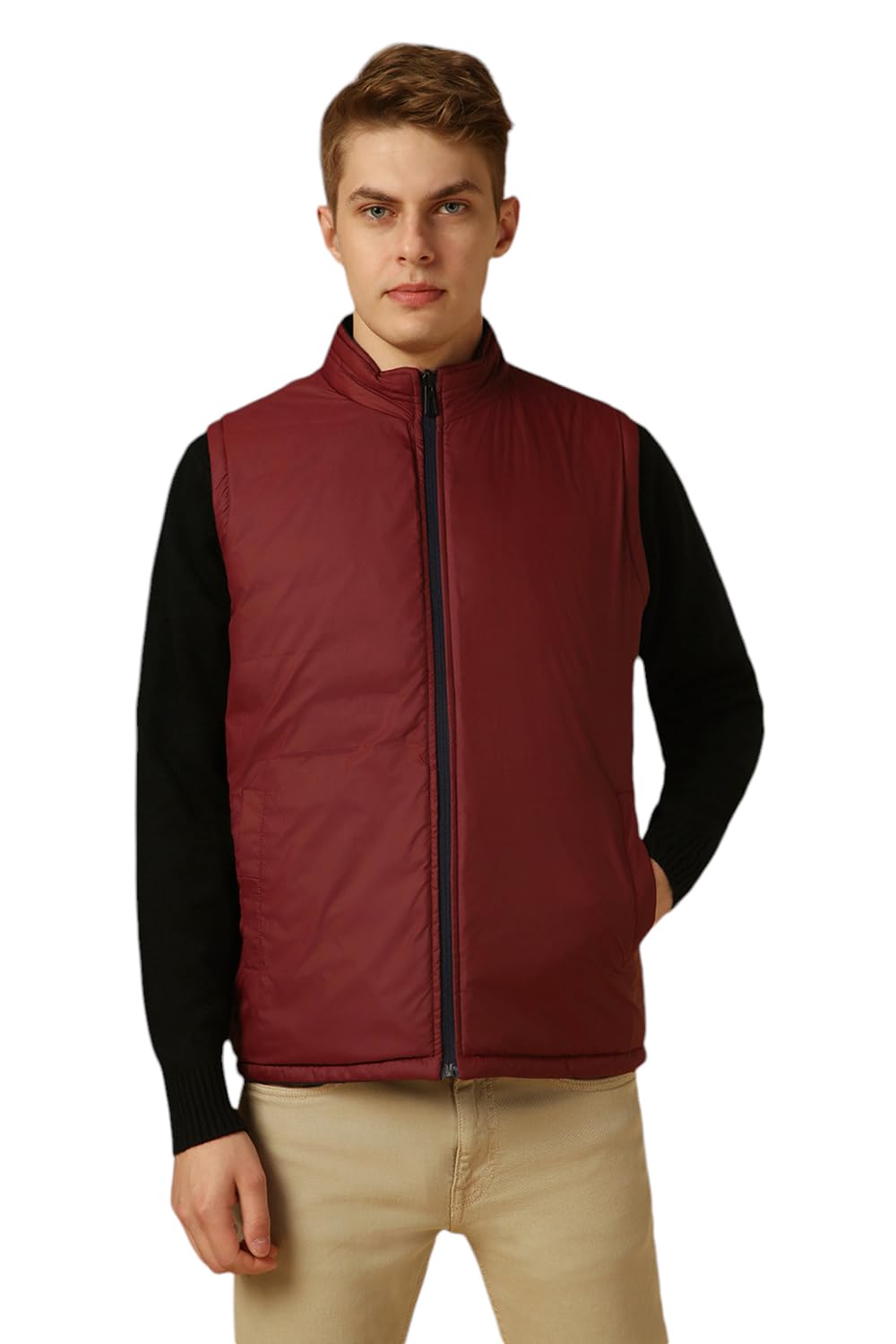 dennis lingo Men Navy Blue Solid Regular Fit Sleeveless Mock Collar Padded Jacket-picture-36