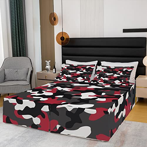 Kids Boys Camo Bed Skirts 15 Inch Drop, Army Camouflage Bed Skirt For Teens Youth Adult, Black White Militarily Bedskirt King Size, Abstract Art Colorful Bedding Set 3Pcs With 2 Pillowcases, Red #TOP2