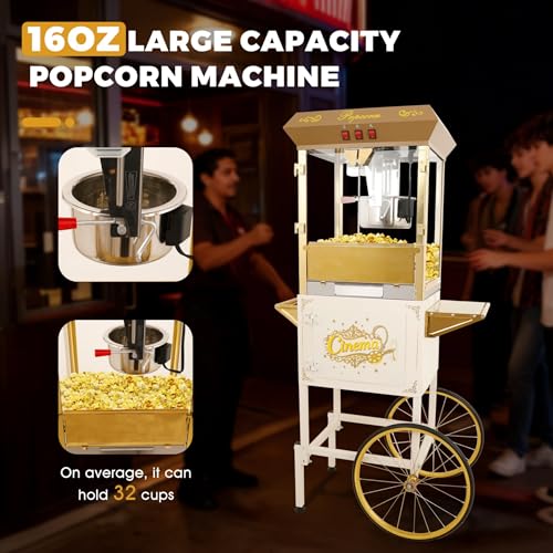 Image of 16Oz Commercial Popcorn Machine With Cart and 16 Oz Kettle, Movie Theater Popcorn Machine, Silver Golden Pop Corn Machine with 3-Switch Control & Steel Frame Tempered Glass Doors