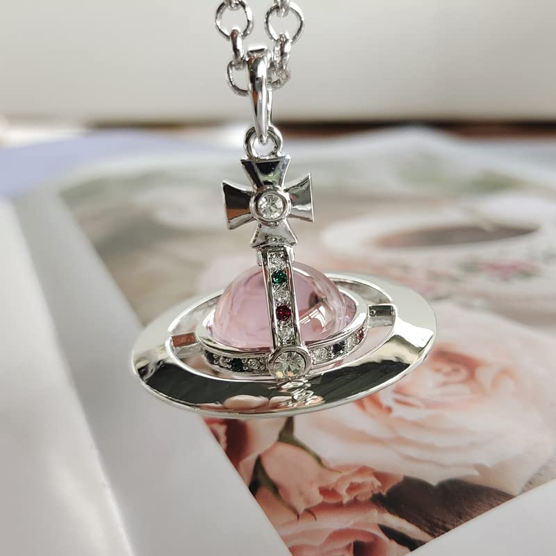 ZHAOZHAO Colorful Saturn Necklace for Women - Sky Star Saturn Planet Pendant with Crystals(Silver+Pink)4