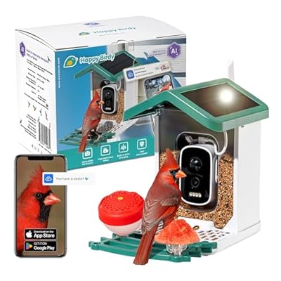 Happy Birdy Smart Bird Feeder - AI Smart Bird Feeder with Camera Identifies 10,000+ Species, 2.5K Full HD Video, Solar Powered Dual Panels, Infrared Night Vision, Weatherproof IP67, Squirrel-Proof Kit