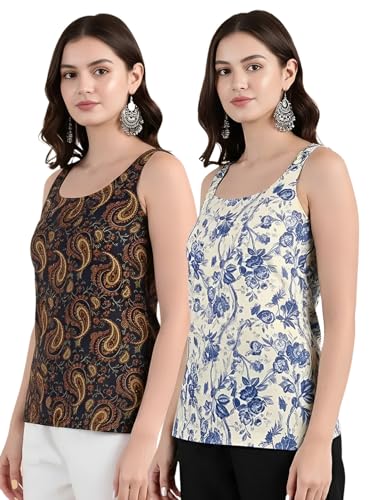 Image of Pinkmint Women Kurti Tops | Sleeveless Printed Kurti for Women | Cotton Blend Short Kurta Tops | Casual, Office Wear, College & Summer Tunic Tops for Women | Pack of 2