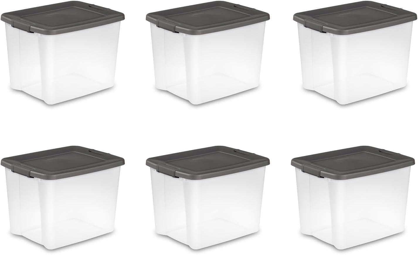 Sterilite 19376406 50-Quart Shelf Tote Driftwood Base and Lid with Platinum Latches 6-Pack