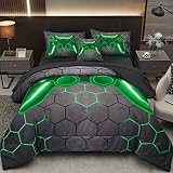 Tasselily Game Console Twin Comforter Set for Boys Girls, Green Honeycomb Gaming 6 Piece Bed in A Ba