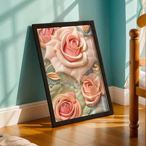 Image of NoWorries 3D Rose Floral Wall Painting with Frame Set of 1 | Premium Textured Pastel Flower Artwork, Luxury Botanical Nature Wall Decor for Living Room, Bedroom, Office and Home Decoration (3d Art-12,13x19inch)