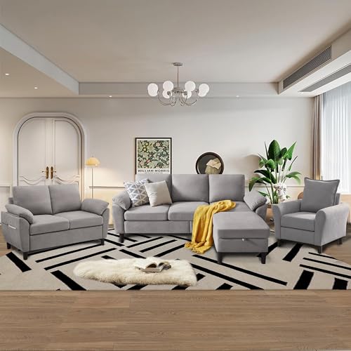 Chireca 4 Piece Convertible Sectional Sofa Set, Modern Linen Small L...