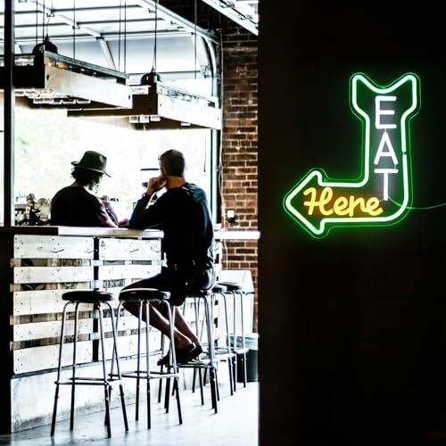 Image of Eat Here Neon Sign with Arrow Guidance for Bar Restaurant Kitchen Decor | Dimmable Kitchen Neon Signs for Wall, Diner Neon Light, Acrylic Business Open Sign, USB Powered, Eat LED Sign, Easy to Hang