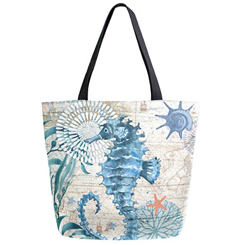 ZzWwR Vintage Nautical Seahorse Starfish Old Map Print Extra Large Canvas Shoulder Tote Top Storage Handle Bag for Gym Beach Weekender Travel Reusable Grocery Shopping