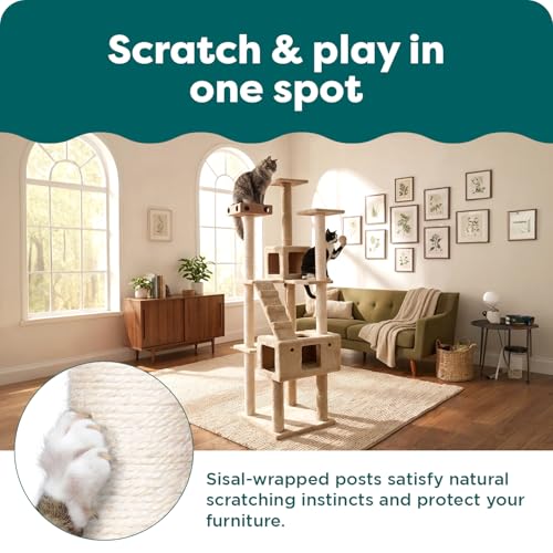 Image of FurHaven 69.3 inch Tall Cat Scratching Post Tower for Indoor Cats, Sisal Cat Tree with 2 Condos, Tiger Tough Double Decker Playground, Toys & Perches for Cats, Sisal, Cream