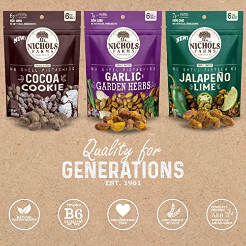 Image of Nichols Farms Pistachios - Fresh Roasted No Shell Pistachio - Nutrient Rich Nuts Snack Packs - Non-GMO, California Grown - Healthy, Wonderful Tasting, Party Snack - (Variety Pack)