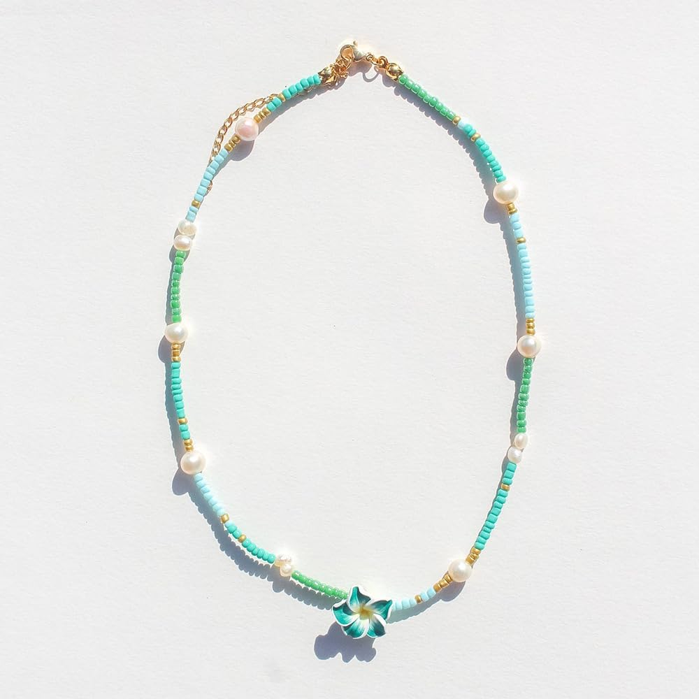 Pingyongchang Hawaiian Plumeria Beads Choker Necklace Bohemian Flower Handmade Beaded Choker Necklace for Women Summer Beach Necklace Holiday Vacation Party Jewelry Gift - Image 2