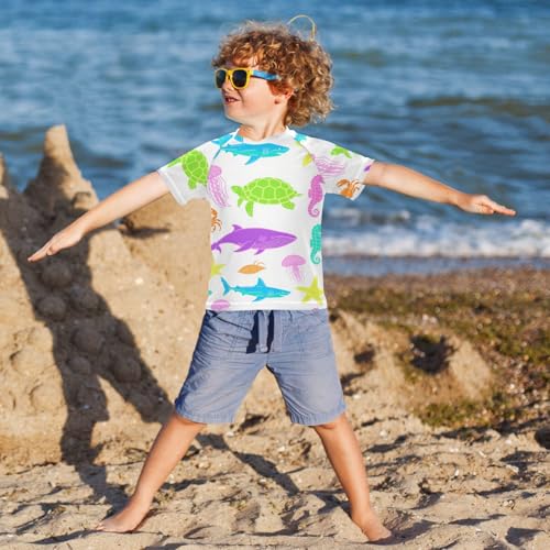 Fluorescent Green Yellow Sea Animal Turtle Whale Seahorse Short Sleeve Kids Bathing Suits Boys Swimsuits for Little Girls Kids Rash Guard for 3-12 Years Traje de bano para nino4