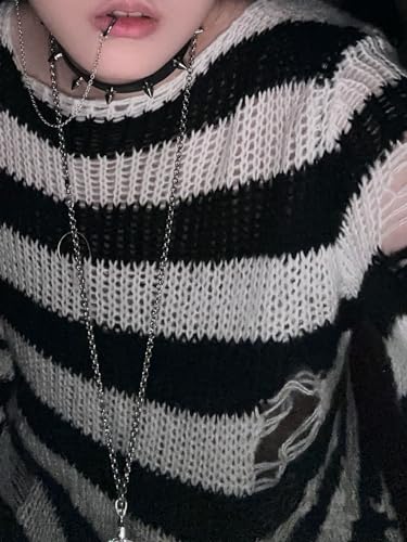 Image of Goth Y2K Striped Sweater Grunge Ripped Punk Gothic Sweaters for Women