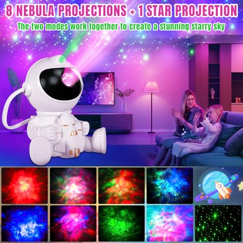 KDISHKRA Astronaut Sternenhimmel Projektor, LED Nachtlicht für Kinder & Erwachsene, 8 Nebel+1 Stern, 5 Helligkeitsstufen, 360° Dreh, Fernbedienung – Ideal für Kinderzimmer Deko & Geburtstagsgeschenk
