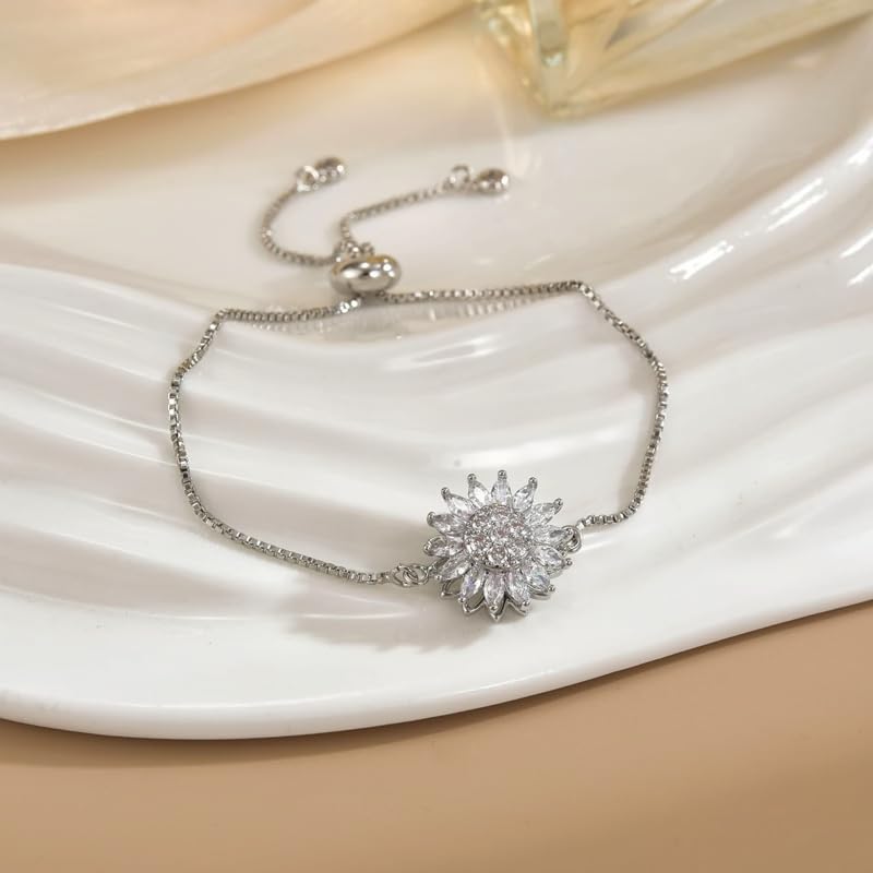 Rotating Sunflower Bracelet 7 inches-8 inches Shiny Flower Anxiety Bracelet Square Crystal Zircon Sunflower Declaration Jewelry Accessories2