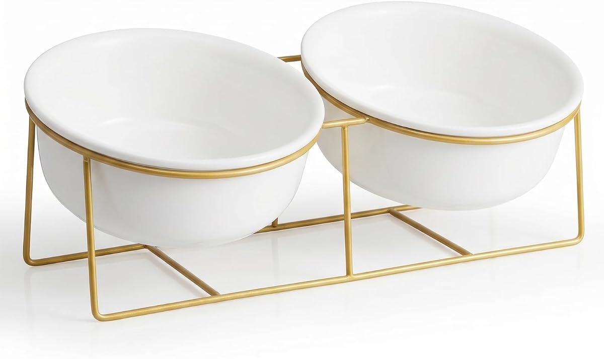 Large Small Double Elevated Dog Bowls - Raised Dog Bowl - Ceramic Dog Cat Bowl Set for Food and Water - Pet Comfort Feeding Bowls with Gold Iron Stand