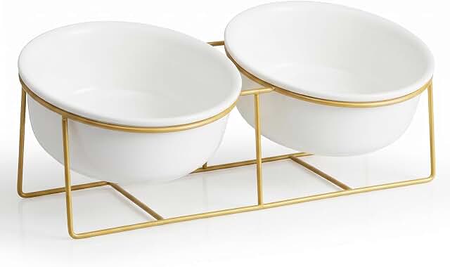 Ceramic elevated pet bowls on a gold-colored iron stand