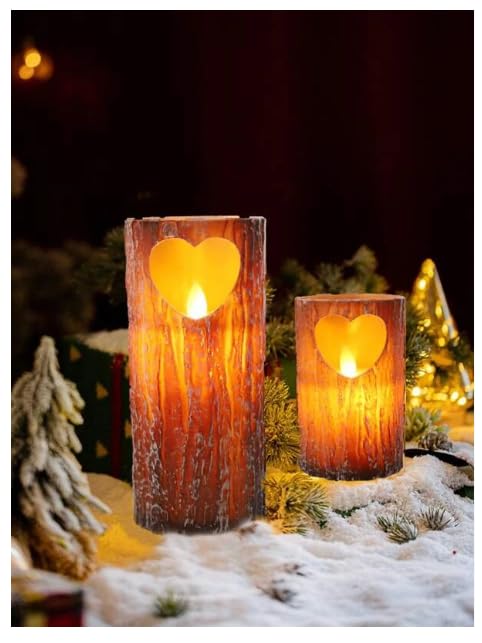 FYCAN 2 LED Light Wooden Heart Shape Flameless & Smokeless Melting Candle Perfect for Gifts, Home, Room, Birthday,Realistic Flickering Flames Country Style,for Christmas (Brown Pine Tree)_2pcs -Brown