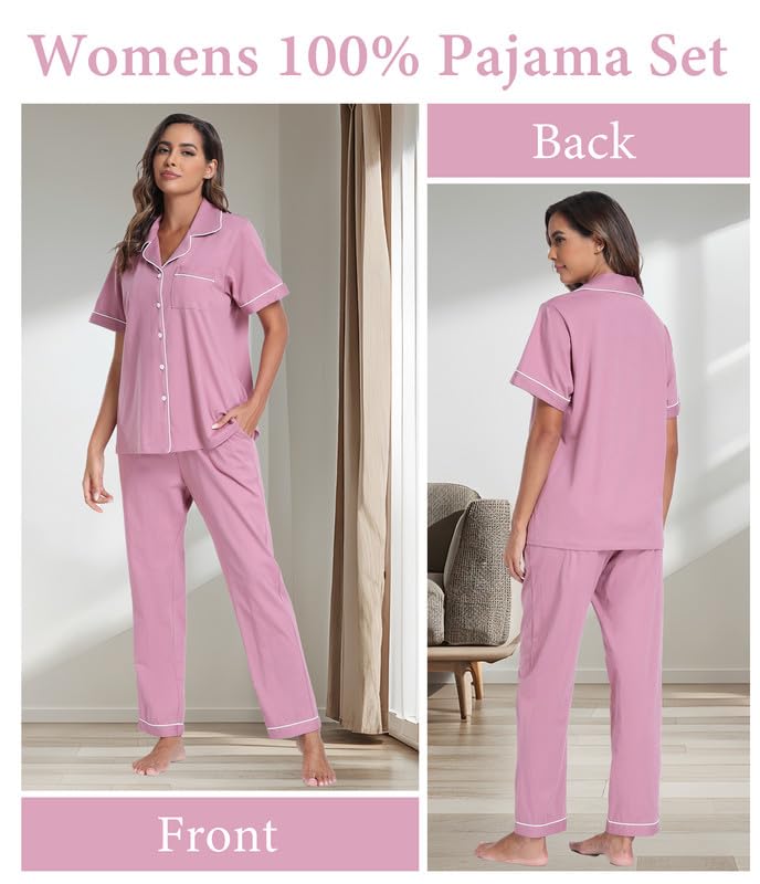 Image of CF Womens 100% Cotton Pajamas Set Button Down Pjs Sets Short Sleeve Top & Long Pants Sleepwear Comfy Loungewear with Pockets