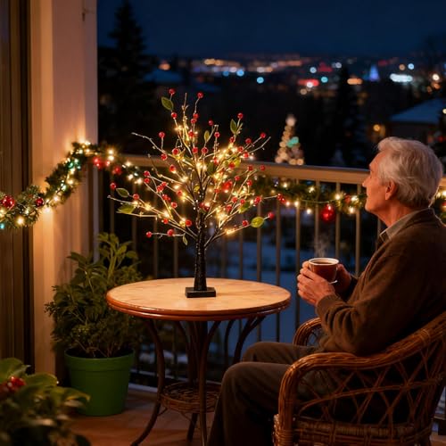 Arbre Illuminé Baies Rouges Fleuries | Décor De Noël Éclairé | Arbre De Décoration De Table pour Les Fêtes | pour Appartement Bureau Restaurant Salon Chambre Cheminée Célébrations – Image 3