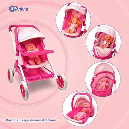 ANIVIA Puppenwagen, Puppenwagen, 8 in 1 Kinderwagen, Puppenwagen & Kinderwagen, Spielzeug, Geschenk für Kinder, geeignete Puppen bis 14 Zoll – Rosa – Bild 3