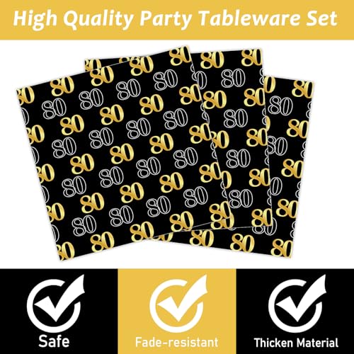 Image of 96PCS 80th Theme Birthday Party Tableware Vintage 1946 Party Supplies 80 Year Old Birthday Decorations Plates Napkins Forks Black and Gold Dinnerware Favors for Men or Women