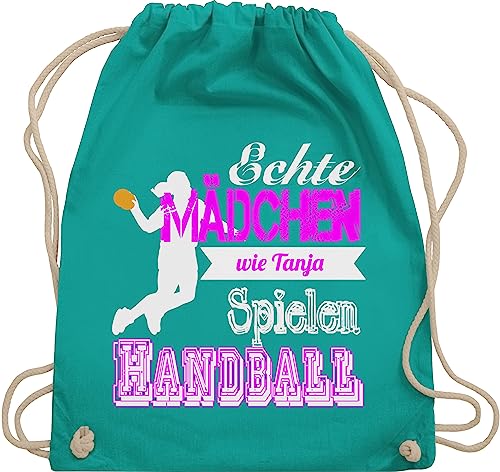 Turnbeutel Rucksack - Geschenke Zubehör - Echte Mädchen spielen Handball - mit Name - Unisize - Türkis - handballerin handballtasche handballer maedchen beutel handballrucksäcke von echt